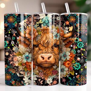 20 oz Cute Floral Highland Cow Travel Tumbler New